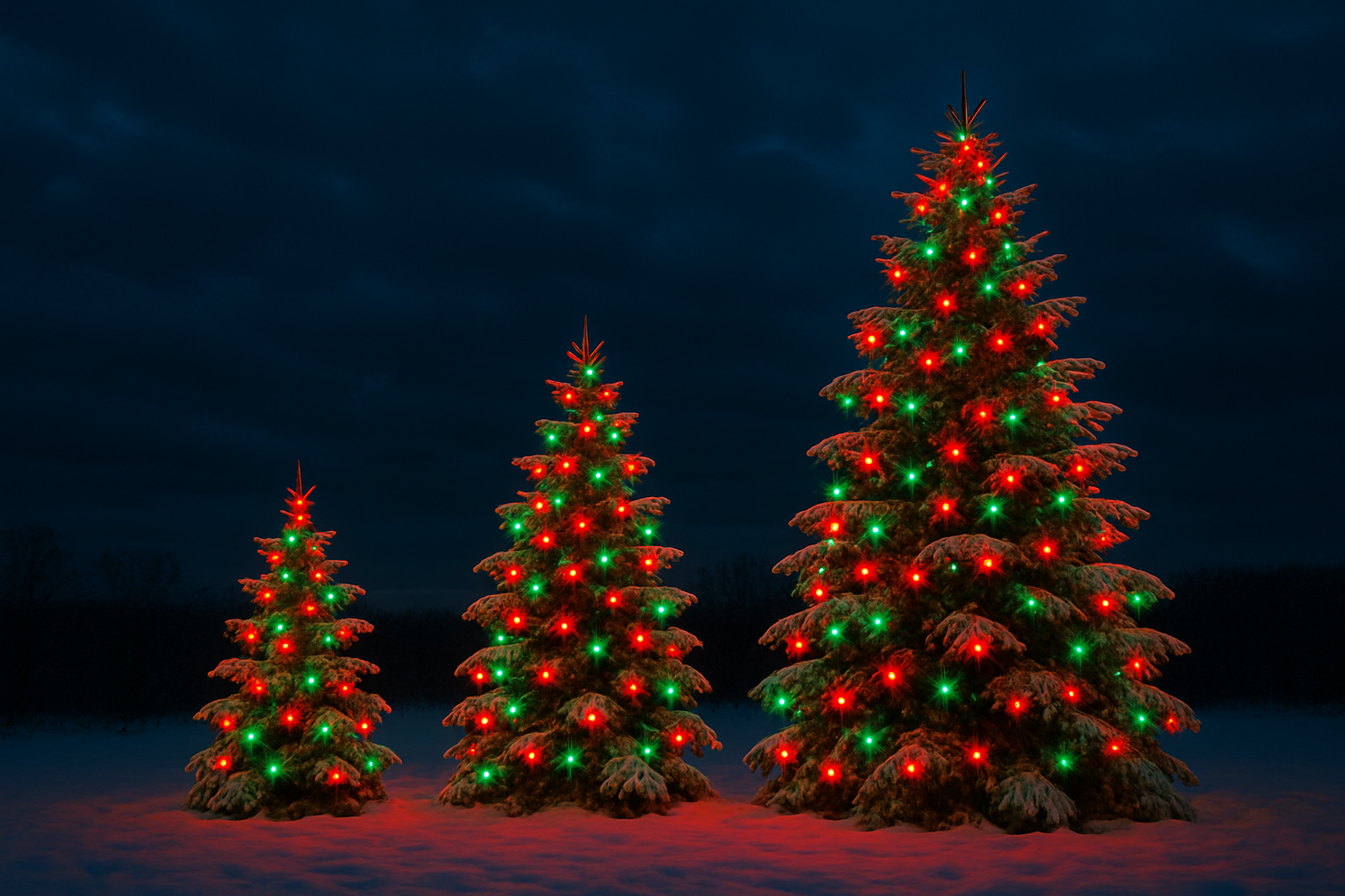 Sapins décorés avec lumières colorées de Noël dans un paysage enneigé