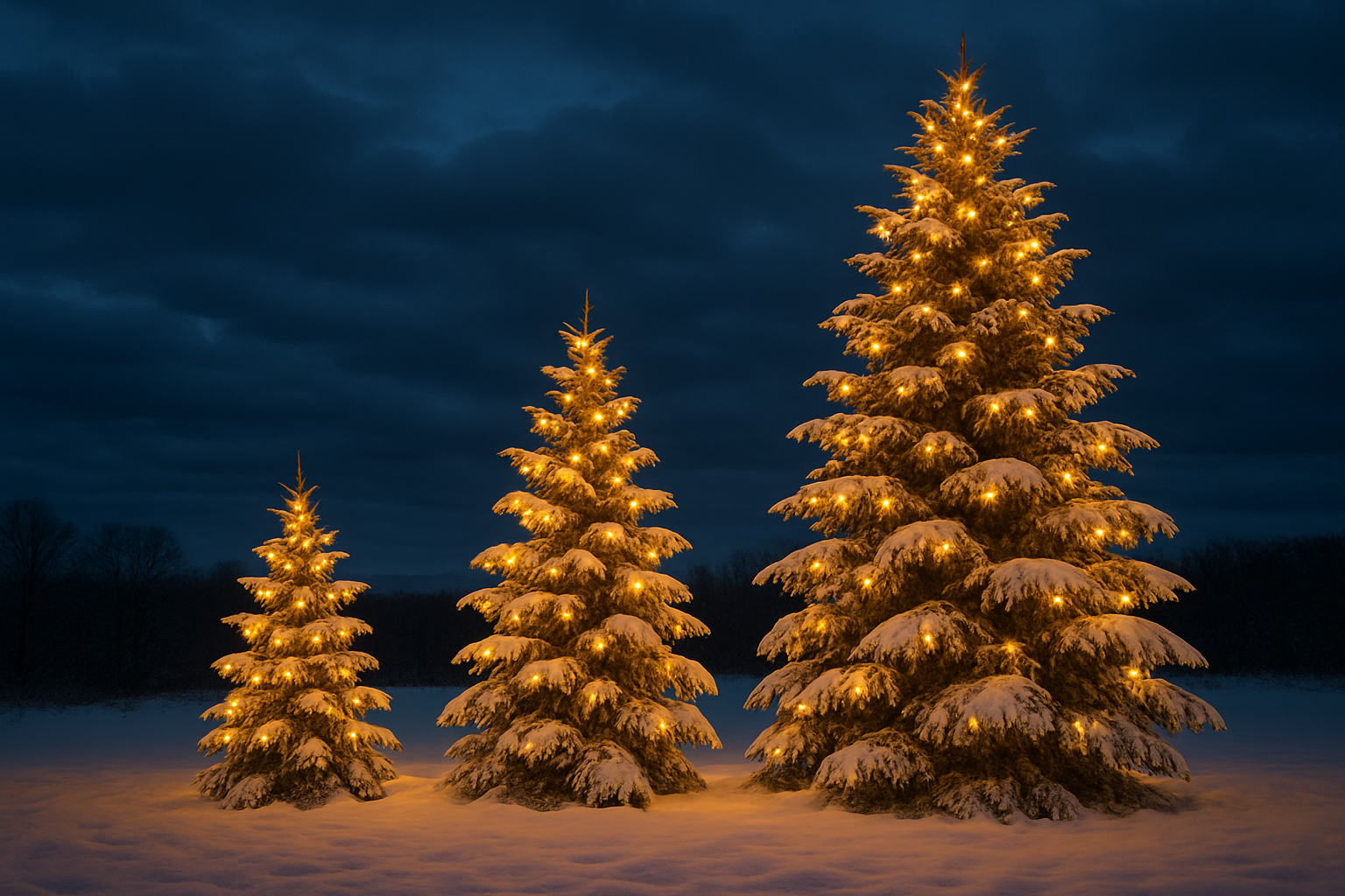 Sapins illuminés avec lumières blanc chaud dans un paysage d'hiver